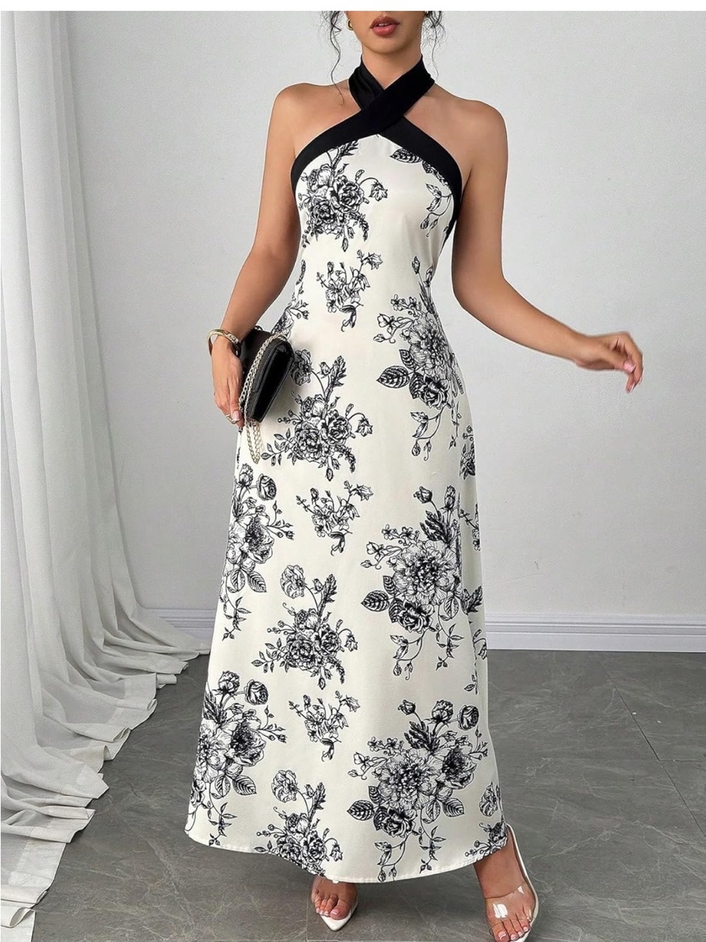 NWOT Halter Neck Open Back Ivory & Black Satin Maxi Dress~Size Large